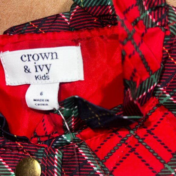 NWT Crown & Ivy Kids 6 Puffer Red Plaid Snap Closure Holiday Christmas Vest (Q) - Picture 3 of 5